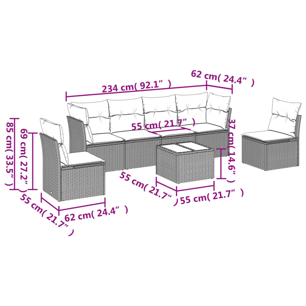 Conjunto de jantares de jardim 7 PCs e almofadas de vime sintético preto