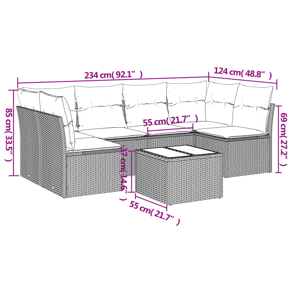 Set da pranzo da giardino 7 pezzi e cuscini di rattan sintetici neri