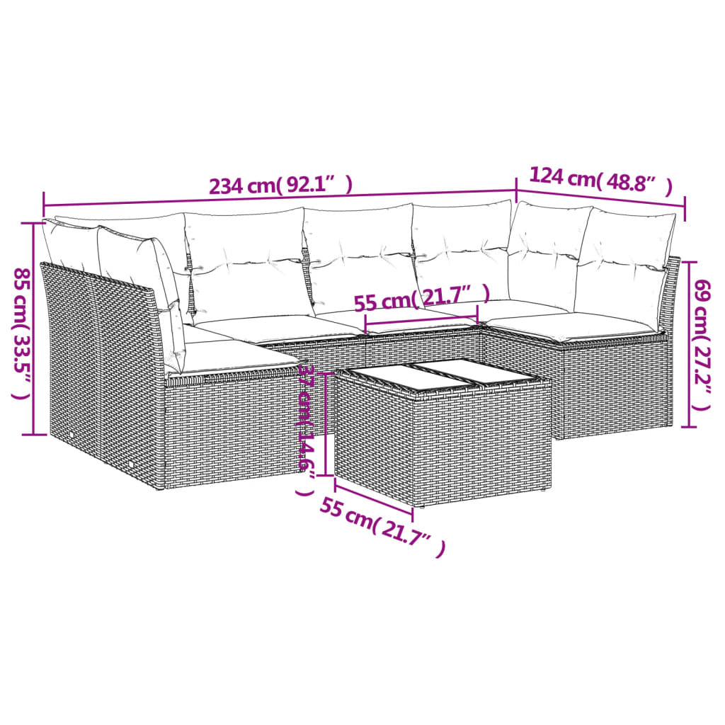 Set sofás de jardín 7 piezas y cojines ratán sintético beige