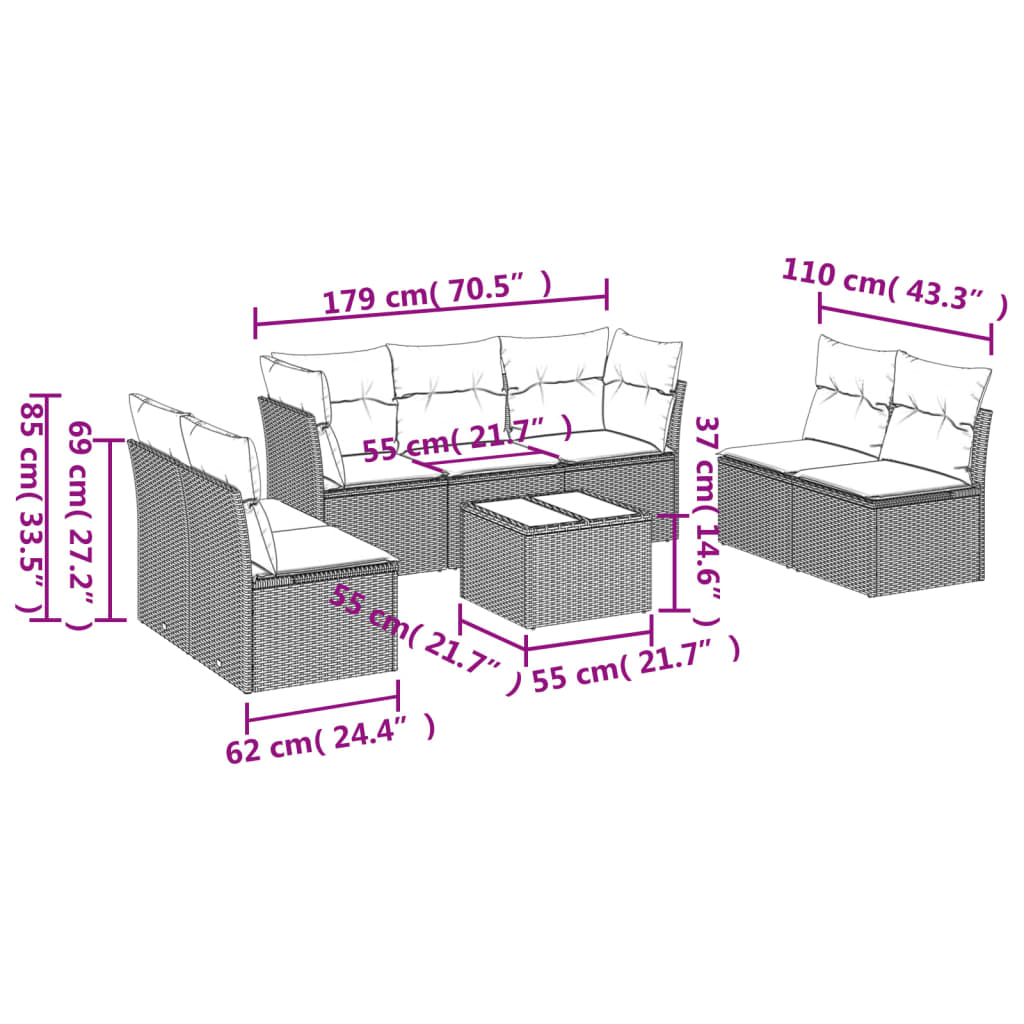 Garden Sofas Set 8 pieces and black synthetic rattan cushions