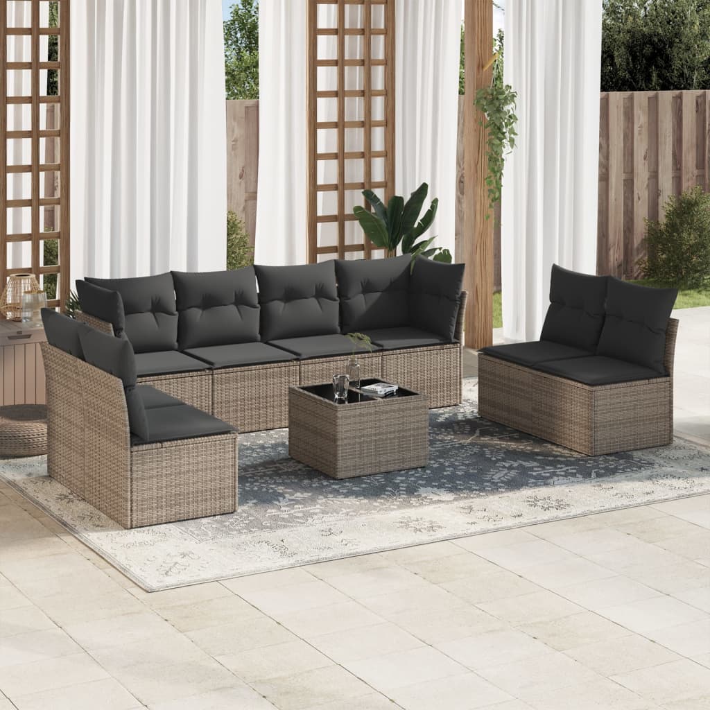 Vetonek Set de muebles de jardín 9 pzas y cojines ratán sintético gris