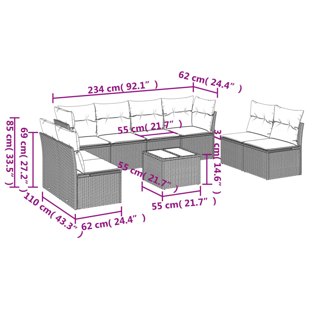 Set muebles jardín 9 pzas y cojines ratán sintético gris claro - Vetonek