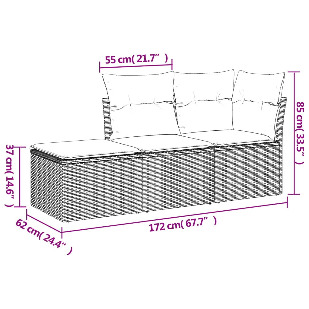 Garden sofa set 3 pcs and gray synthetic rattan cushions