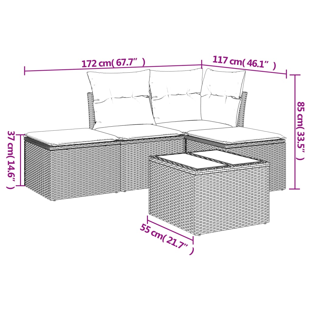 Set de muebles de jardín 5 pzas y cojines ratán sintético negro