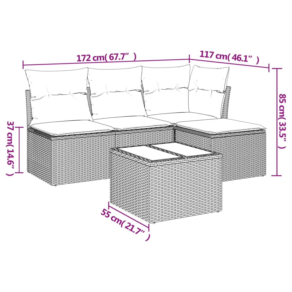 Set de muebles de jardín 5 pzas y cojines ratán sintético negro