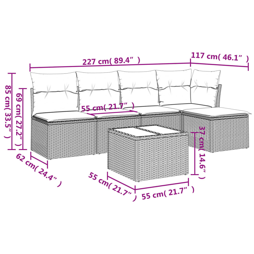 Garden Sofas Set 6 pieces and black synthetic rattan cushions