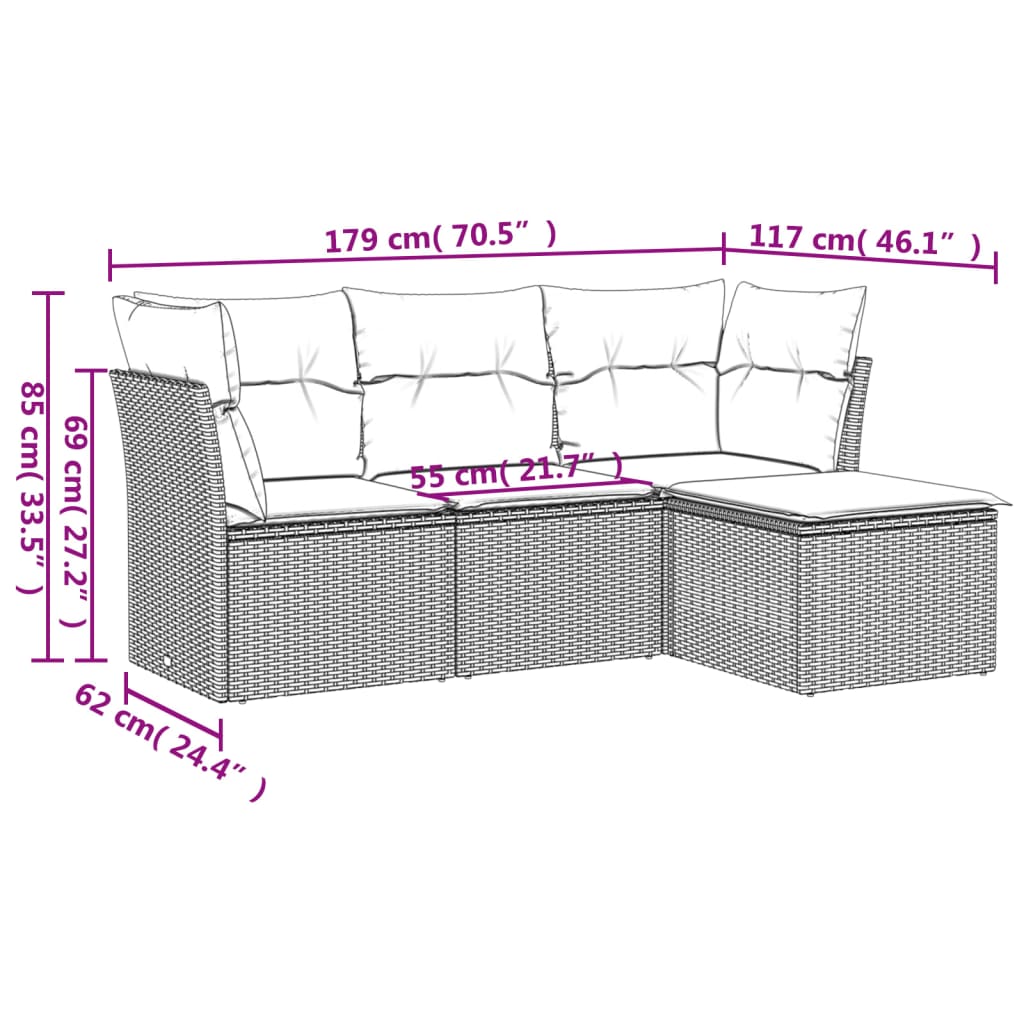 4 pcs garden sofas set and gray synthetic rattan cushions