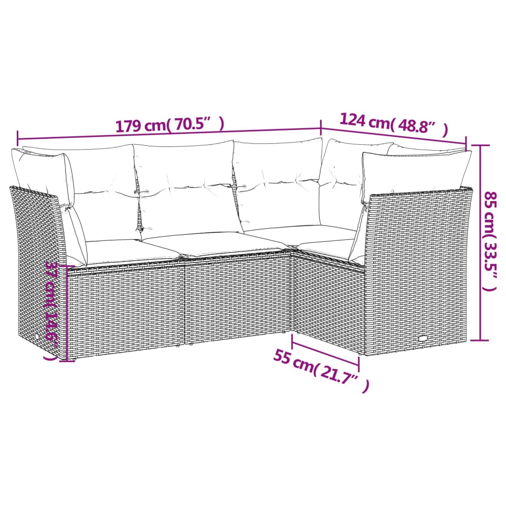 Set de sofás de jardín 4 pzas y cojines ratán sintético marrón