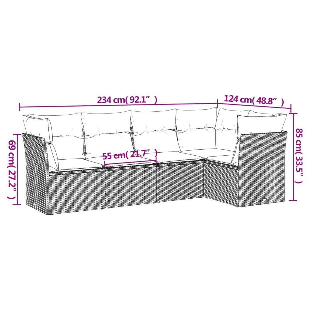 Set de muebles de jardín 5 pzas y cojines ratán sintético negro