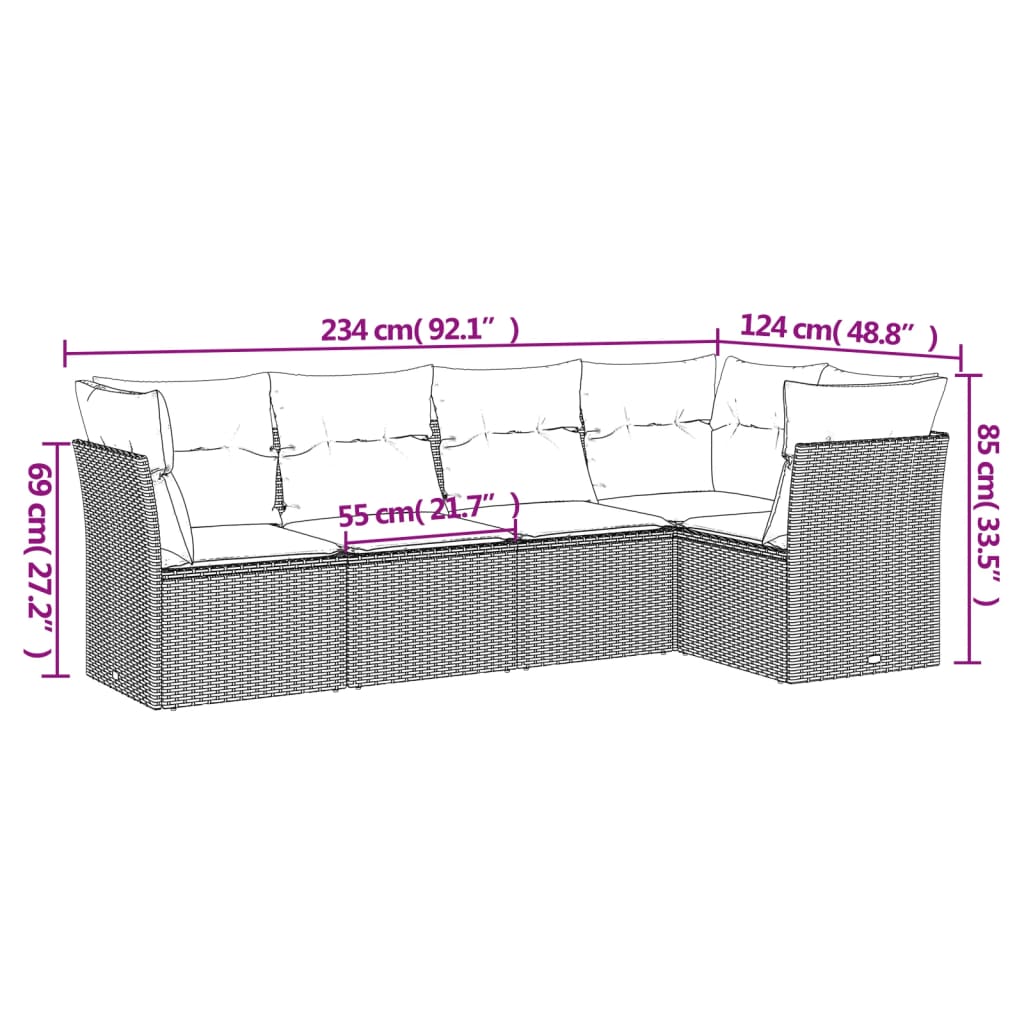 Set comedor de jardín 5 piezas y cojines ratán sintético marrón - Vetonek