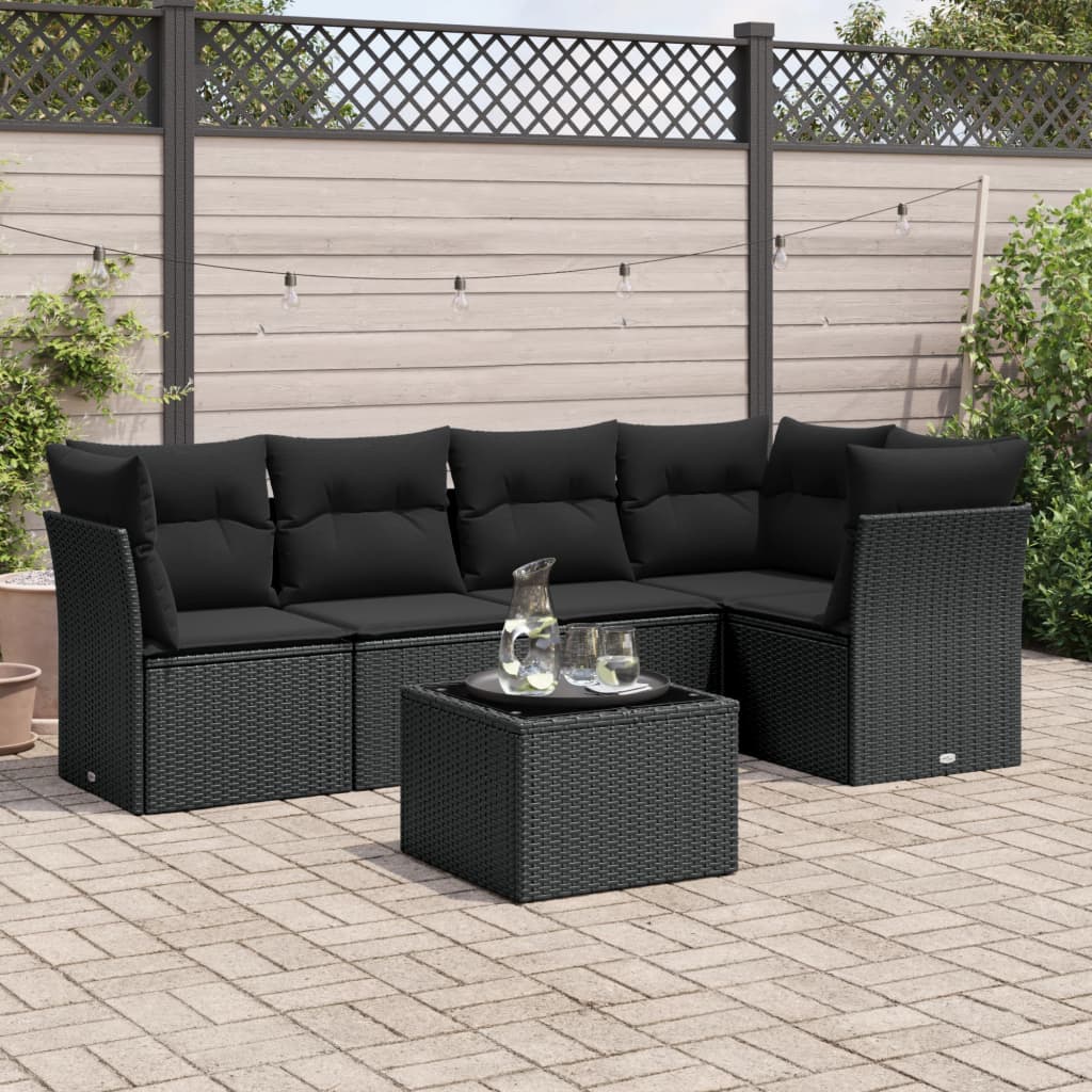 Vetonek Set muebles de jardín 6 piezas y cojines ratán sintético negro