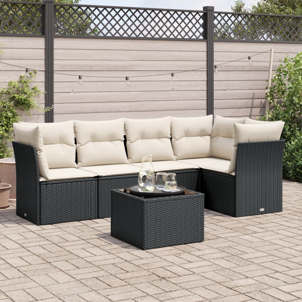 Vetonek Set muebles de jardín 6 piezas y cojines ratán sintético negro