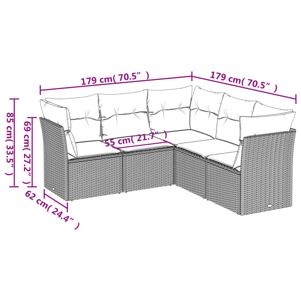 Set comedor de jardín 5 piezas y cojines ratán sintético marrón - Vetonek