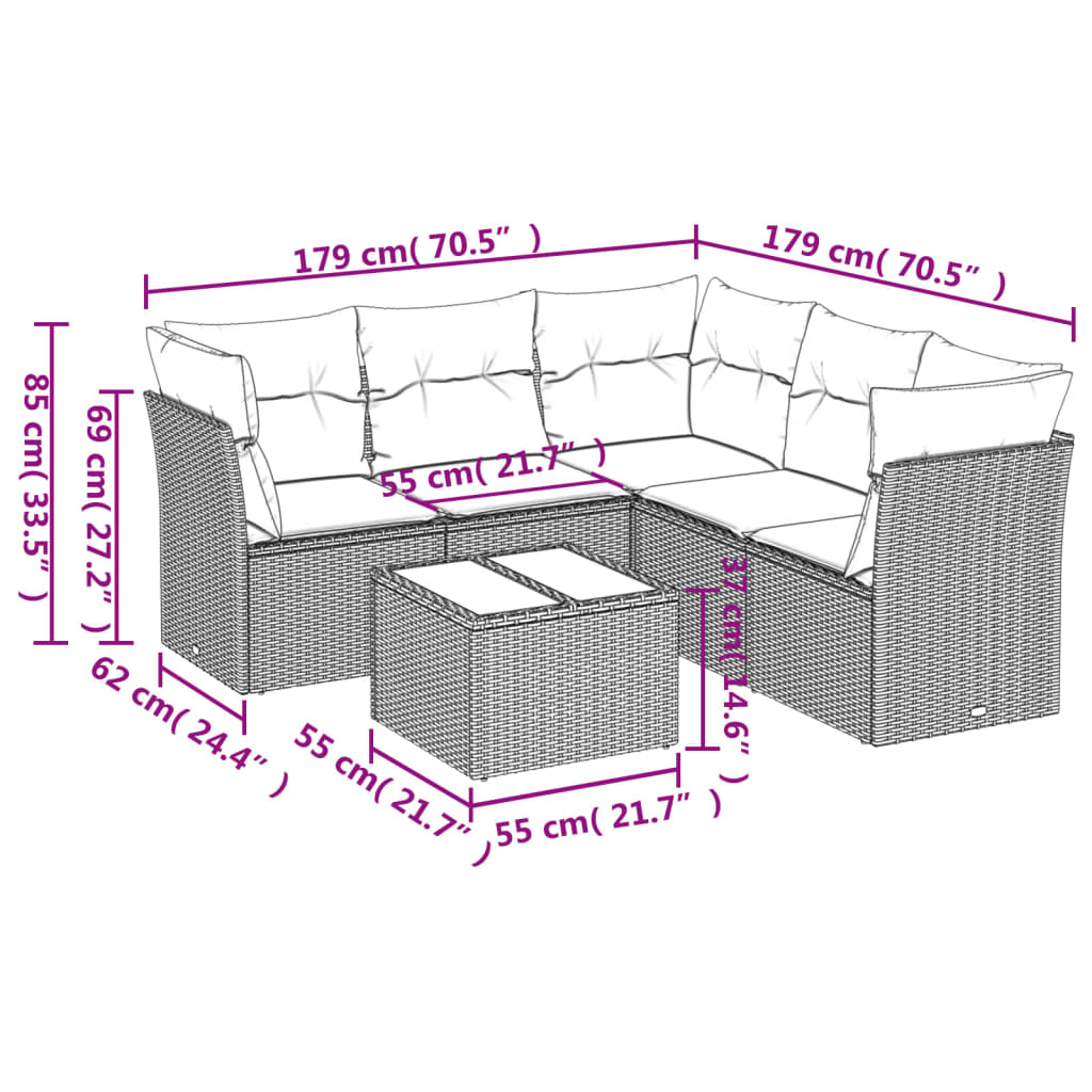 Set di mobili da giardino 6 pezzi e cuscini di rattan sintetici grigi