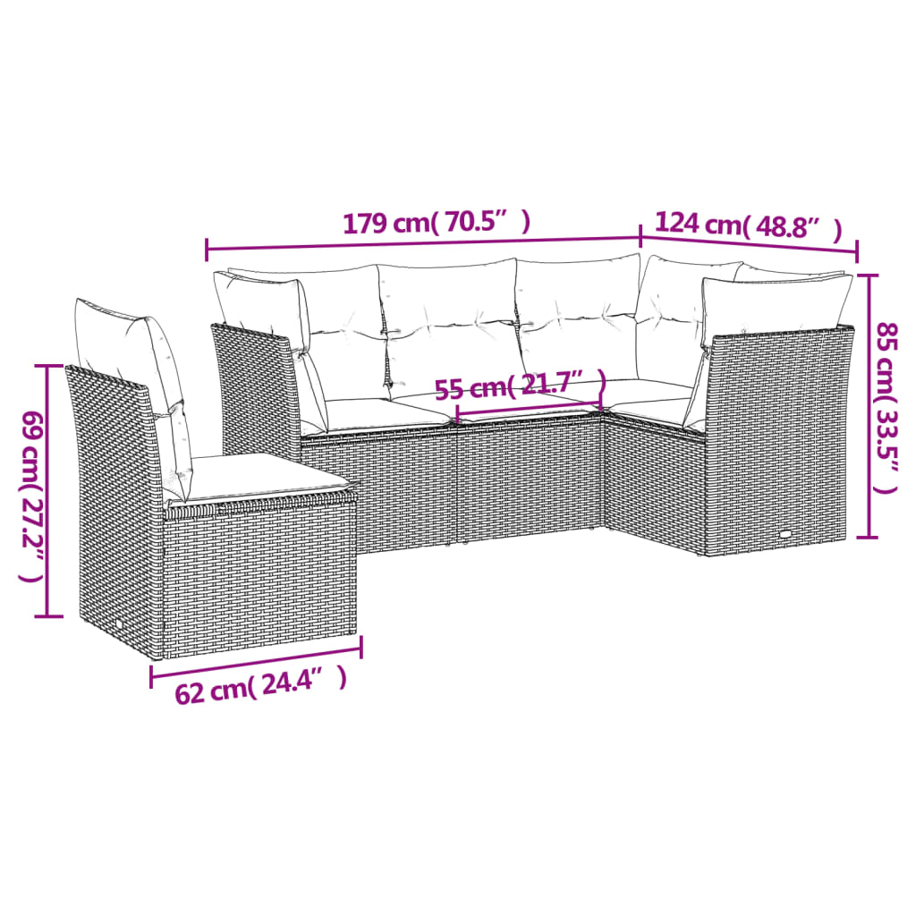 Set comedor de jardín 5 piezas y cojines ratán sintético marrón - Vetonek