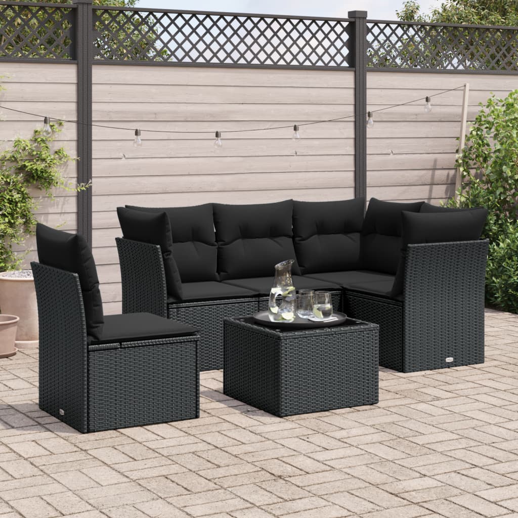 Vetonek Set muebles de jardín 6 piezas y cojines ratán sintético negro