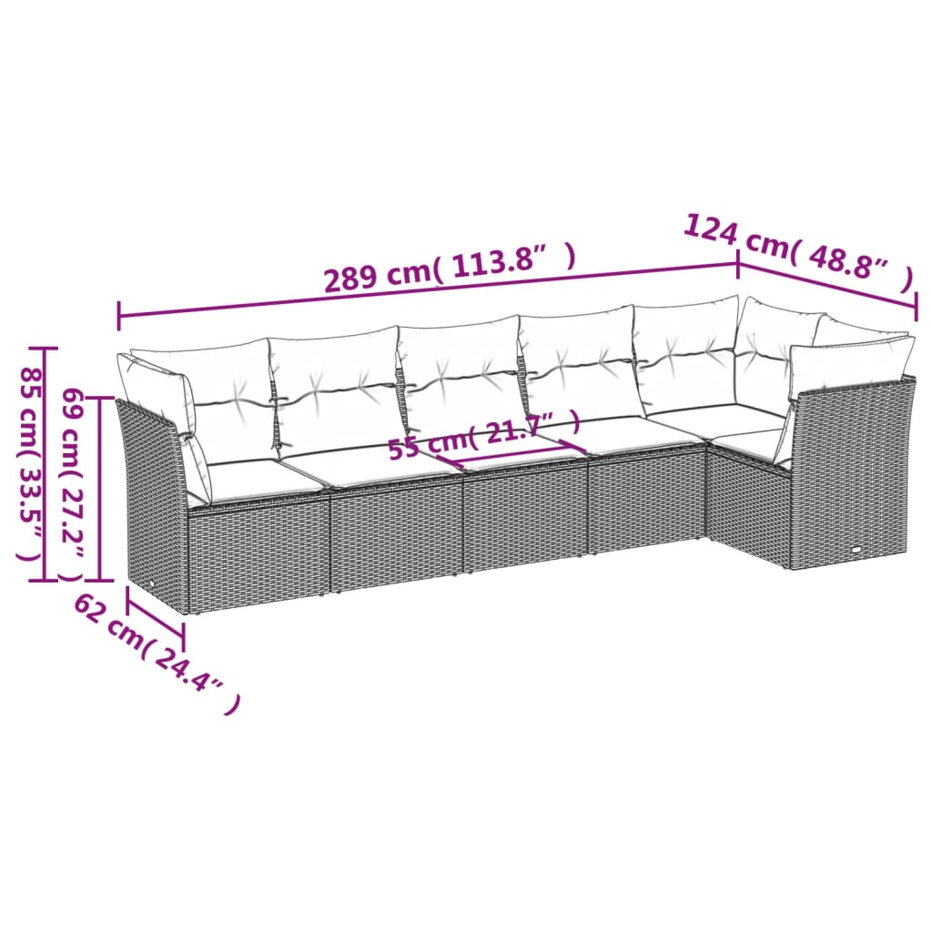 Set Garden Furniture 6 pieces and black synthetic rattan cushions