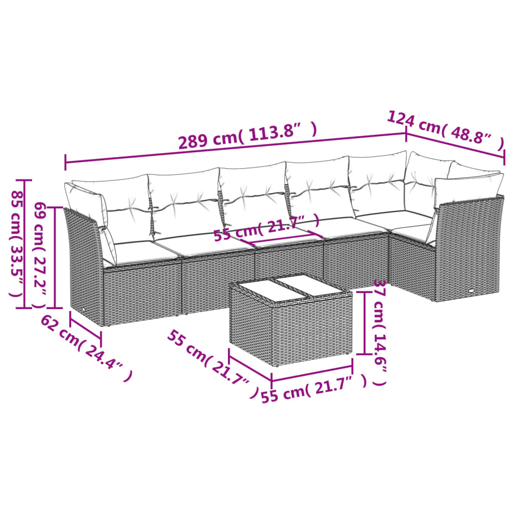 Conjunto de jantares de jardim 7 PCs e almofadas de vime sintético preto