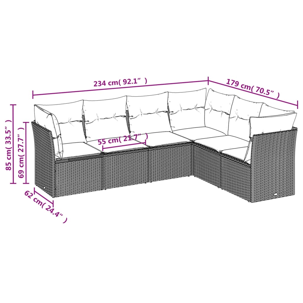 Set di mobili da giardino 6 pezzi e cuscini di rattan sintetici grigi