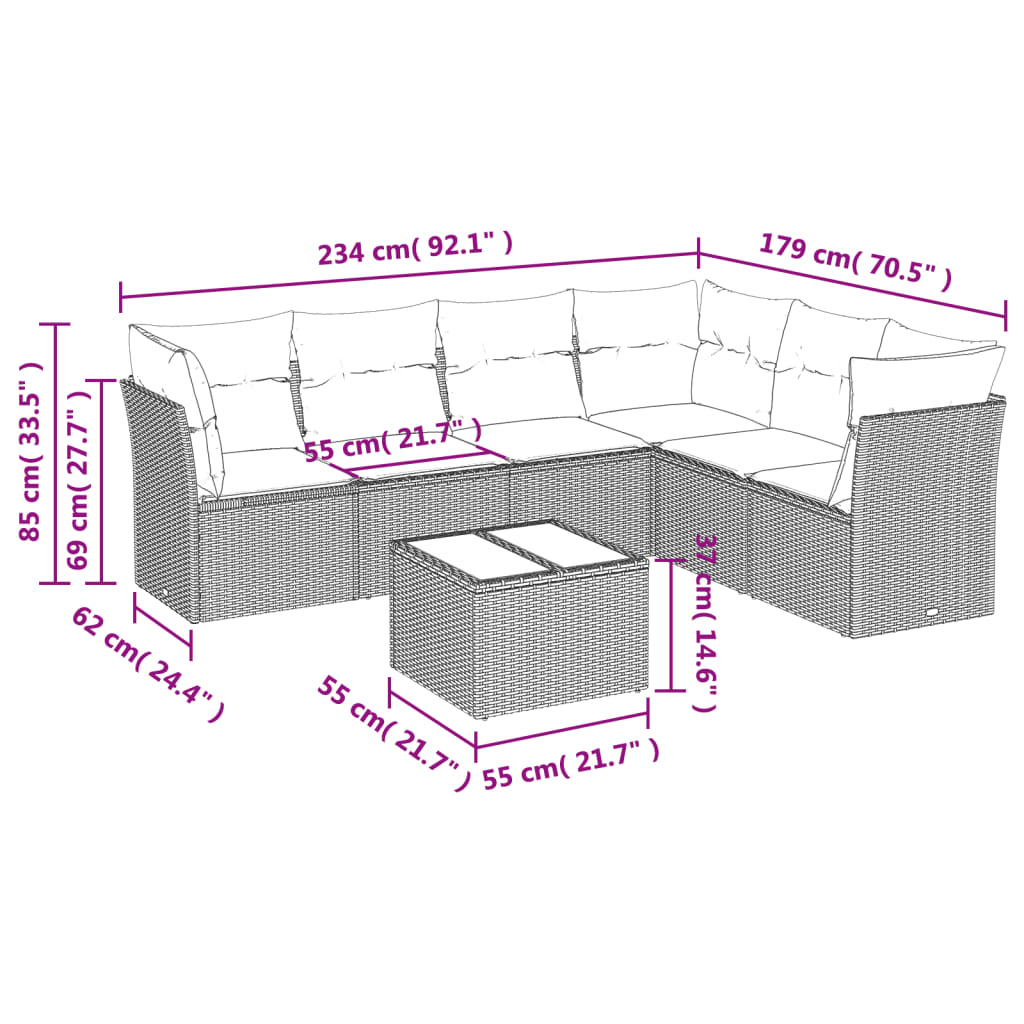 Conjunto de jantares de jardim 7 PCs e almofadas de vime sintético preto