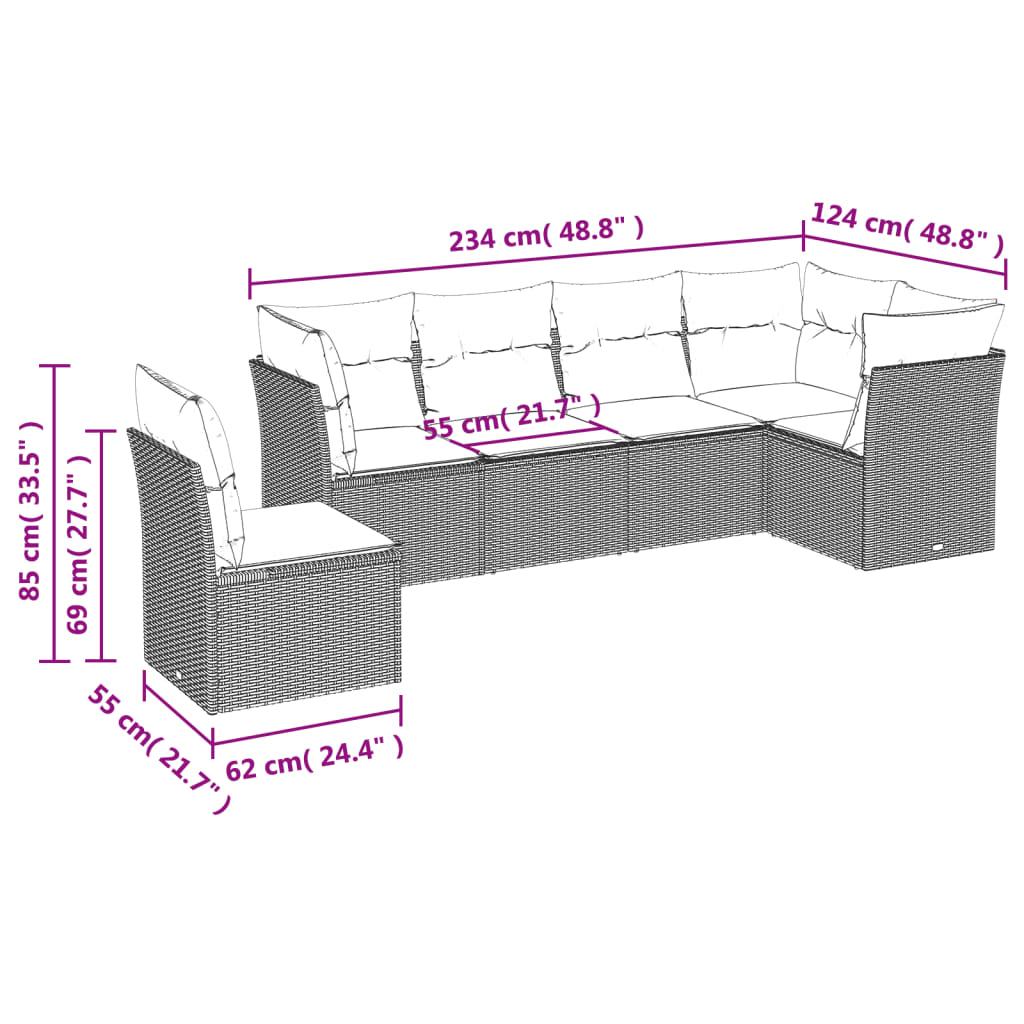 Set Garden Meubles 6 pièces et coussins de rotin synthétique noirs