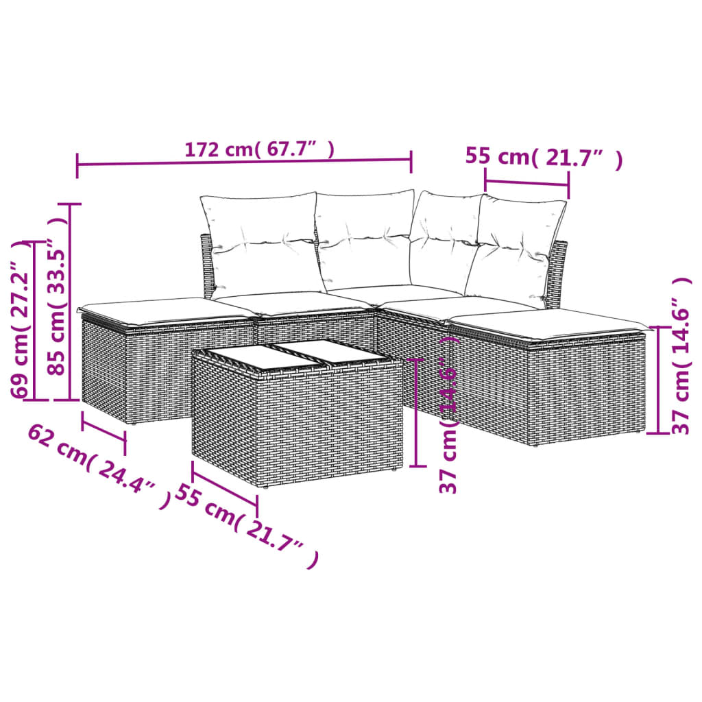 Garden Sofas Set 6 pieces and black synthetic rattan cushions