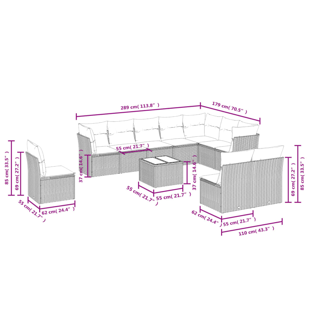 Sofás de jardim Conjunto de 11 PCs e Almofadas Cinzentas de Rattan Sintética