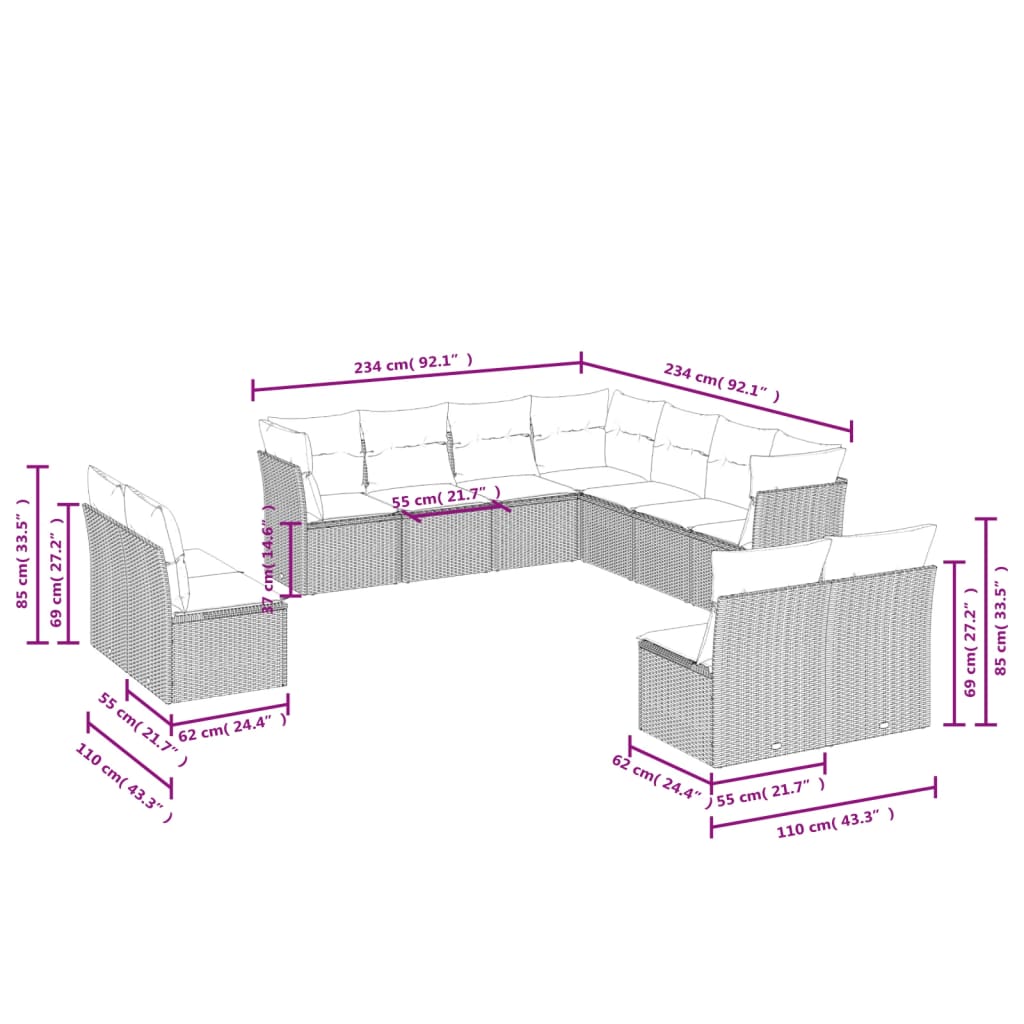 Set de sofás de jardín 11 pzas y cojines ratán sintético gris - Vetonek