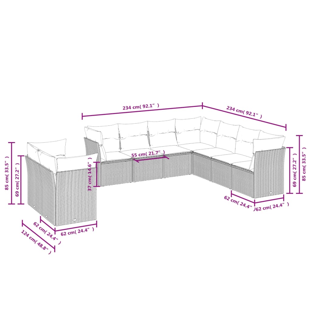 Set de sofás de jardín 9 pzas con cojines ratán sintético beige - Vetonek