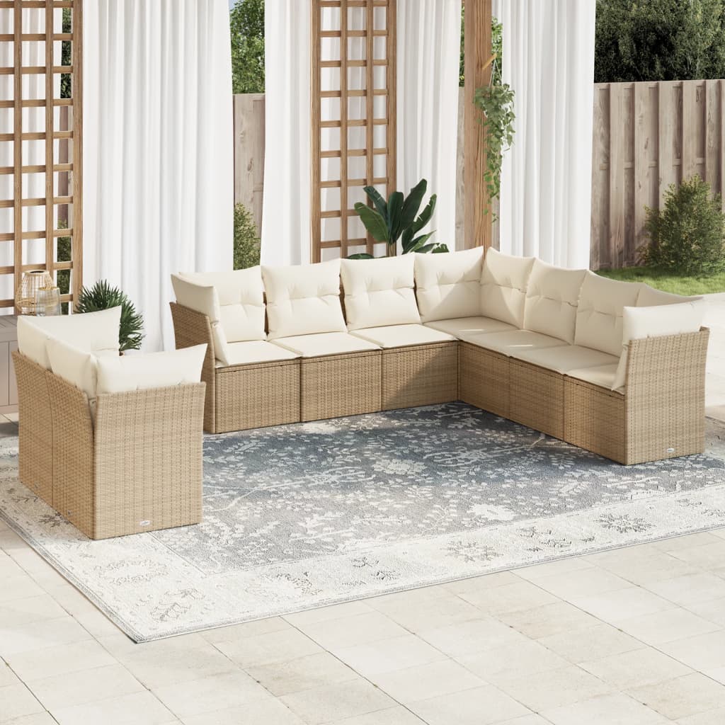 Vetonek Set de sofás de jardín 9 pzas con cojines ratán sintético beige