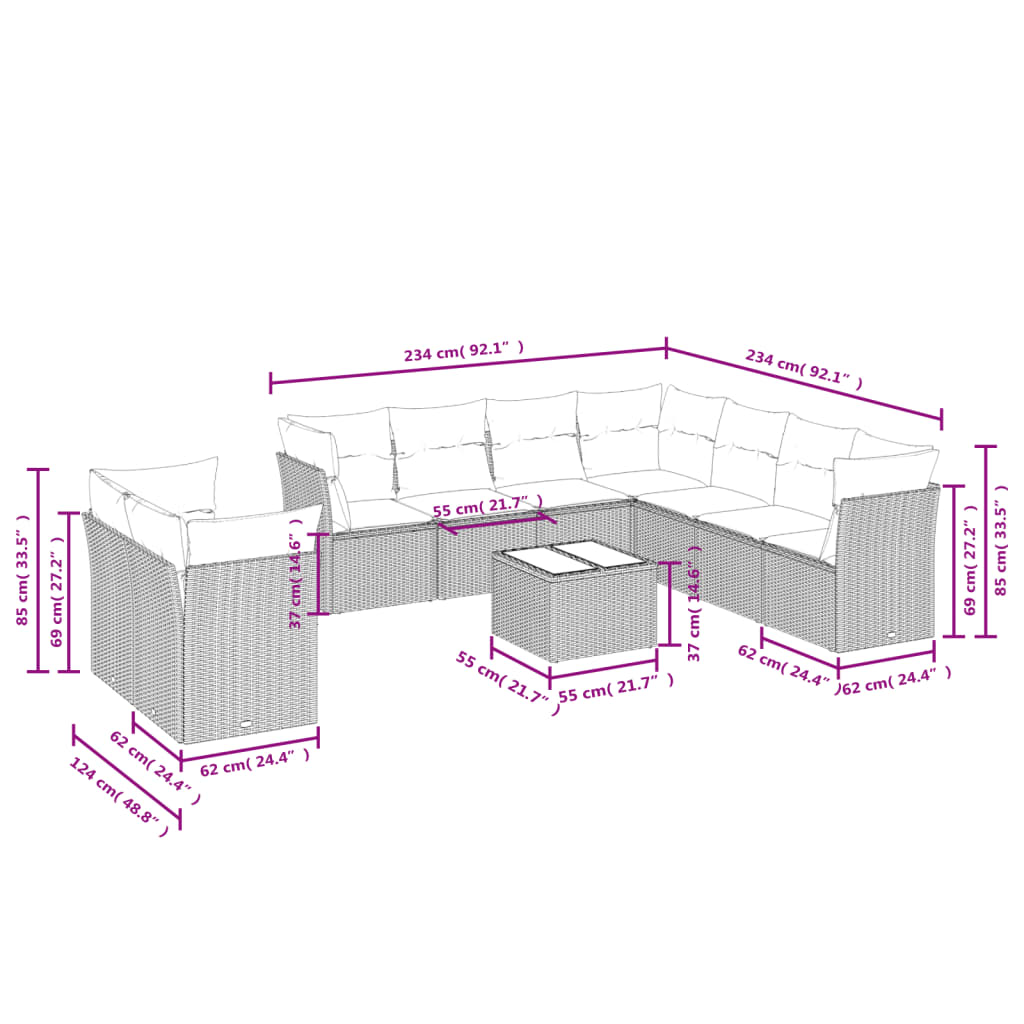 Set de sofás de jardín 10 pzas con cojines ratán sintético gris