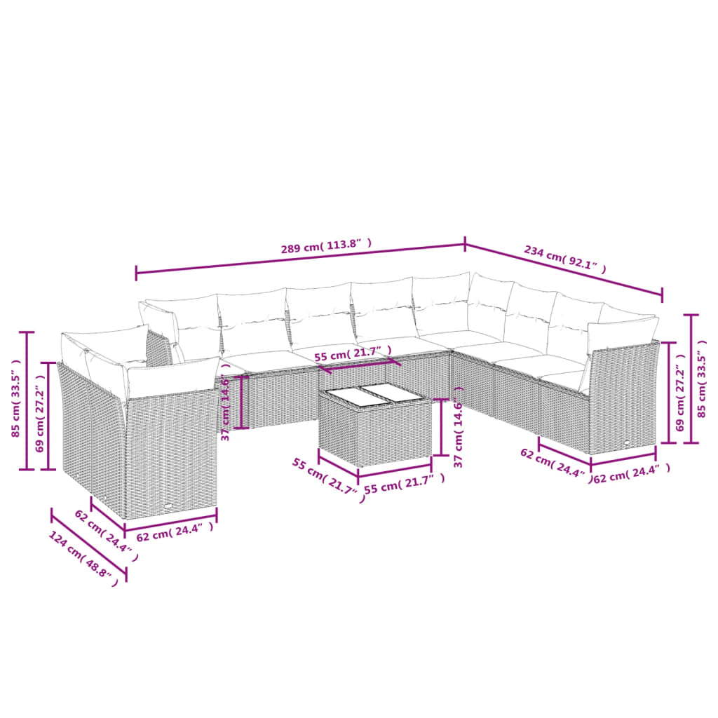 Set de sofás de jardín 11 pzas y cojines ratán sintético gris - Vetonek