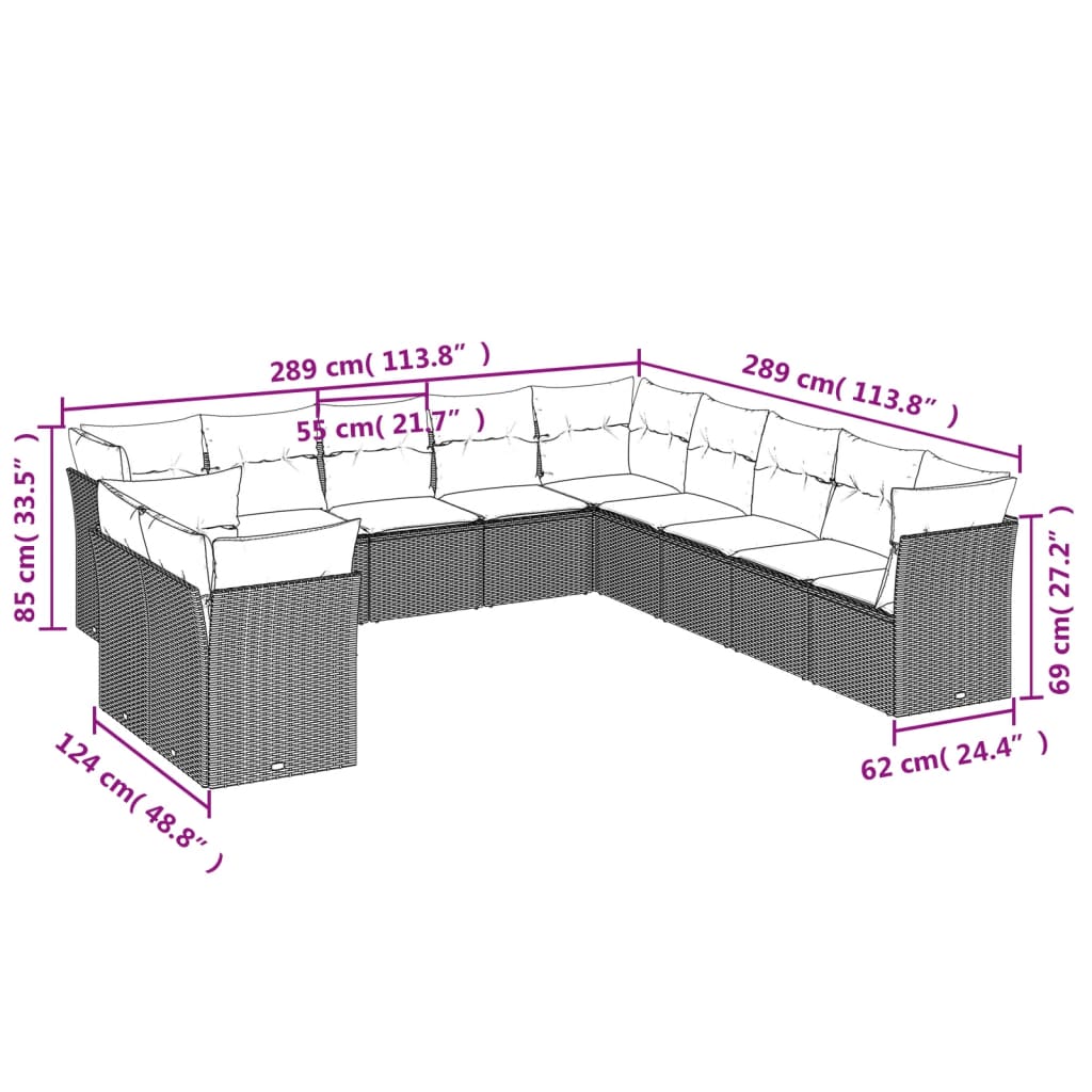 Set de sofás de jardín 11pzas con cojines ratán sintético beige