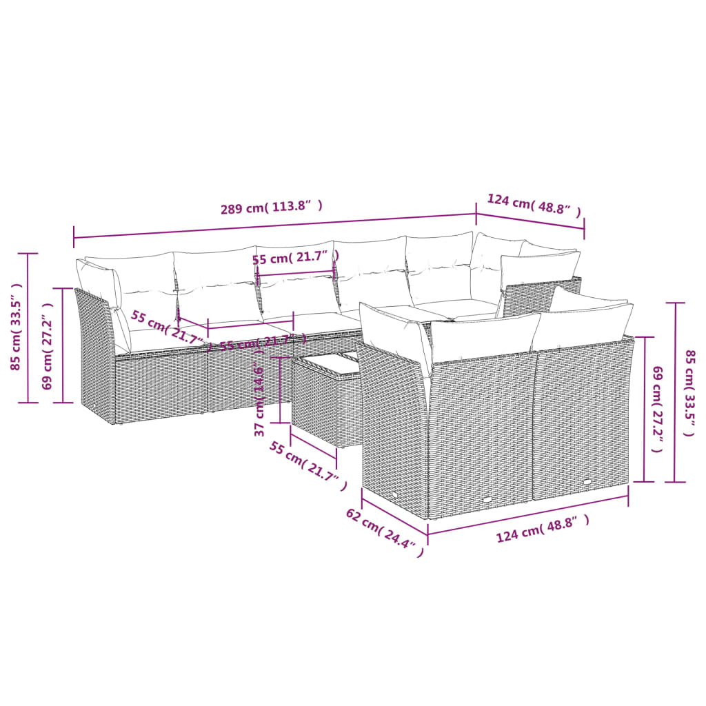 Gartensofas Set 9 PCs und braune synthetische Ratan -Kissen