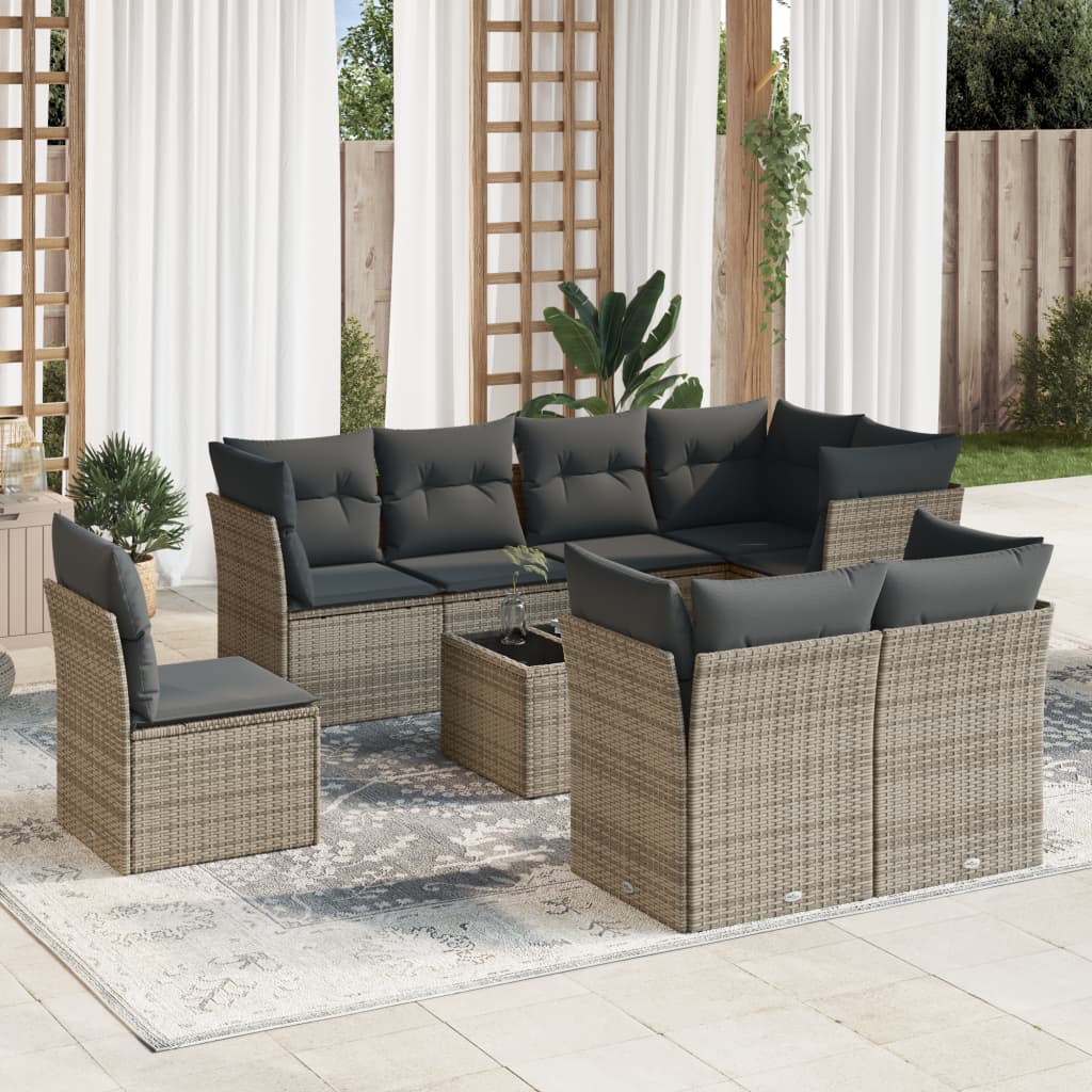 Vetonek Set de muebles de jardín 9 pzas y cojines ratán sintético gris