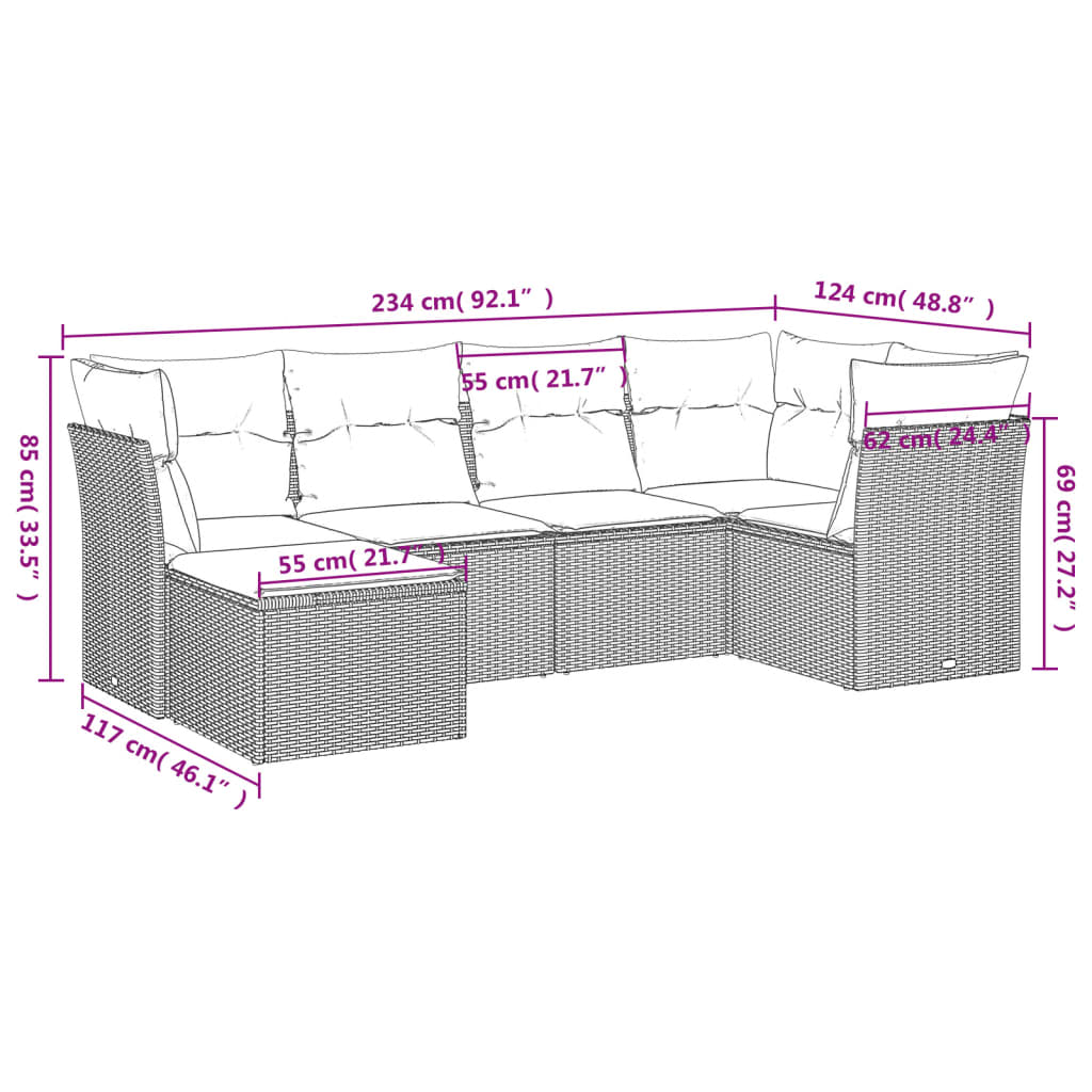 Garden Sofas Set 6 pieces and black synthetic rattan cushions