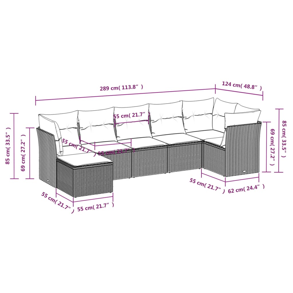 Set de comedor de jardín 7 pzas y cojines ratán sintético negro