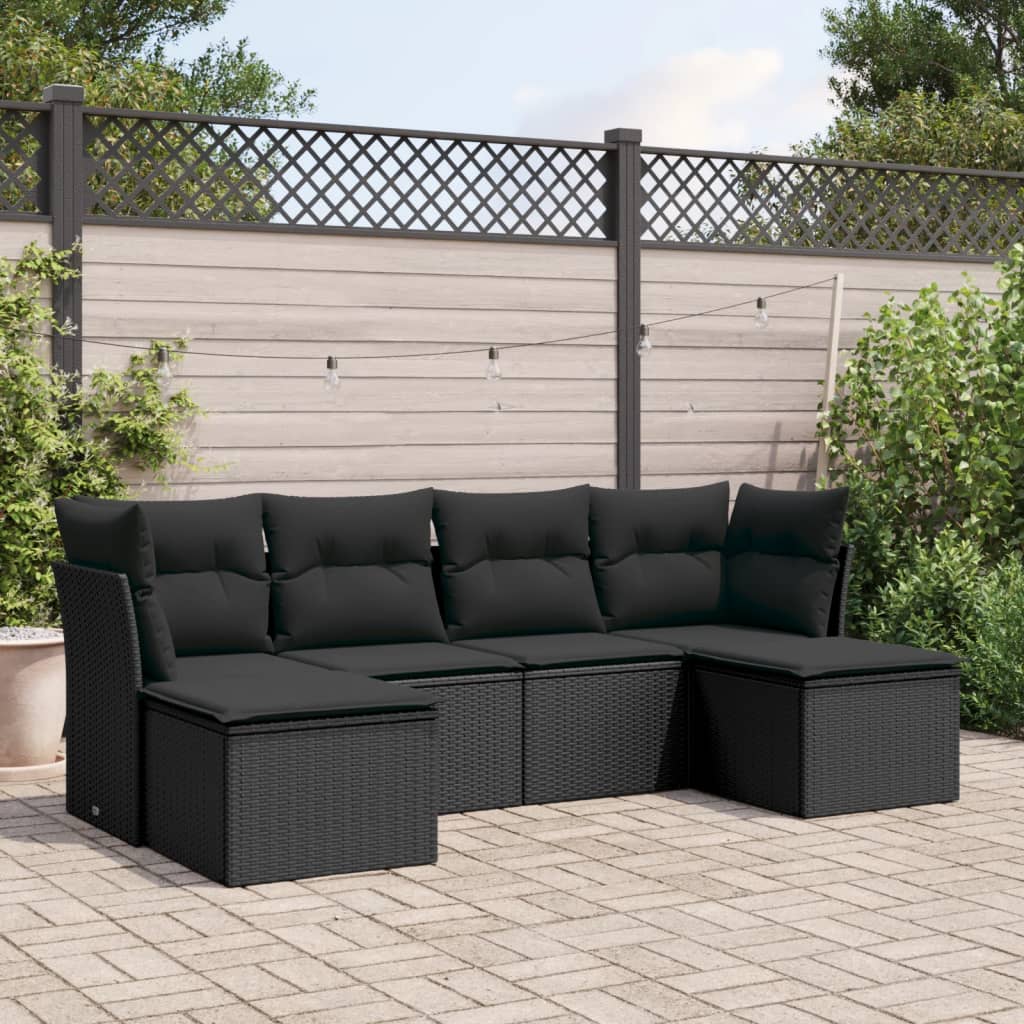 Vetonek Set muebles de jardín 6 piezas y cojines ratán sintético negro