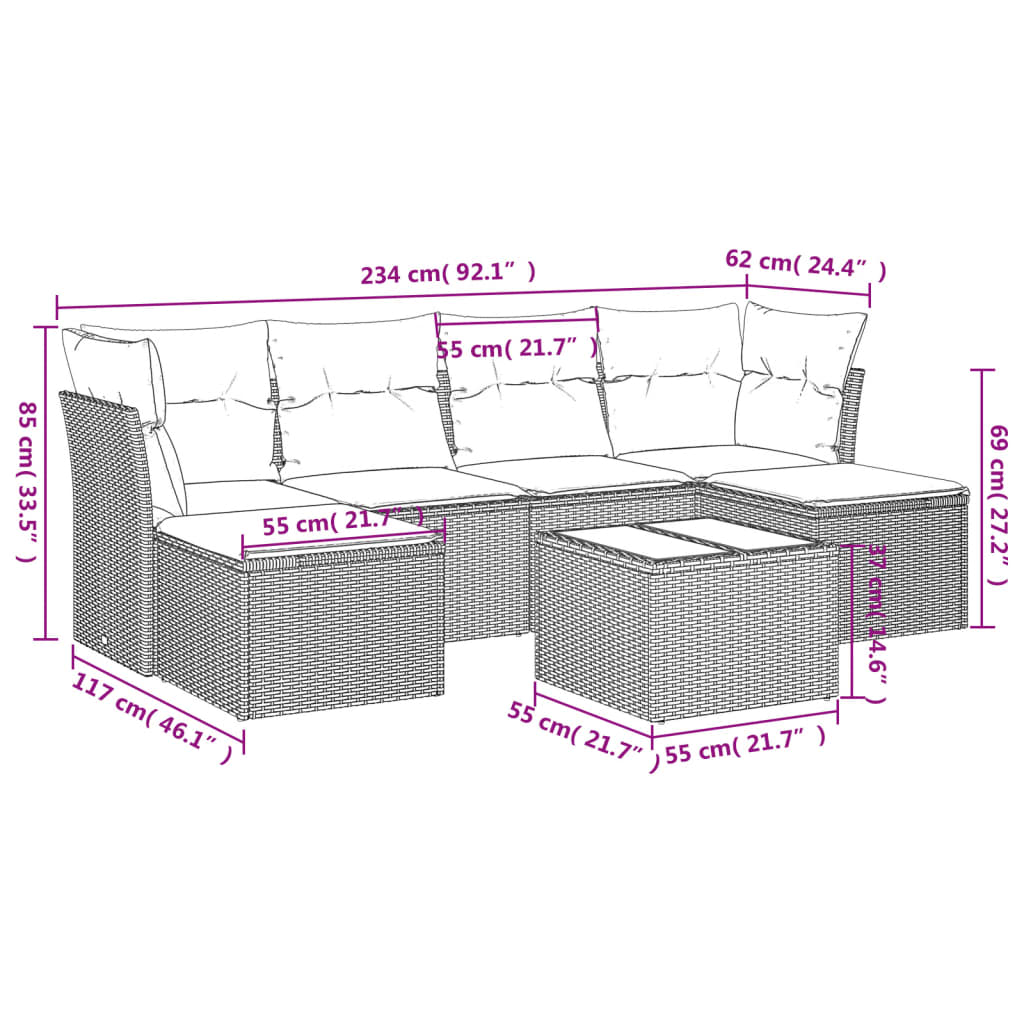 Conjunto de jantares de jardim 7 PCs e almofadas de vime sintético preto