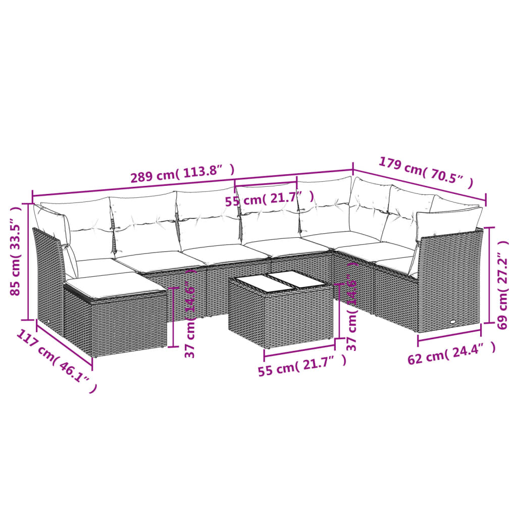 Set de sofás de jardín 9 pzas con cojines ratán sintético beige - Vetonek