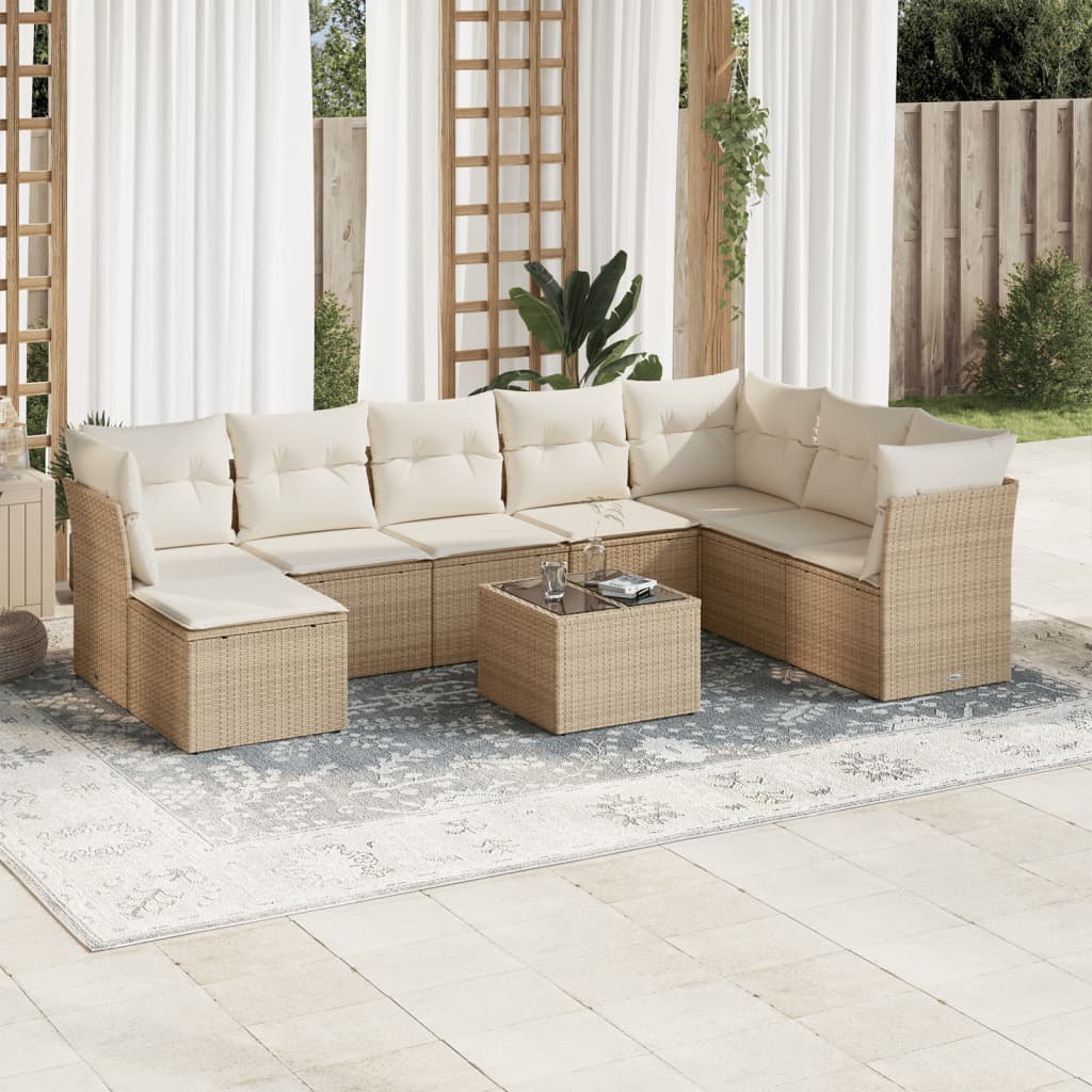 Vetonek Set de sofás de jardín 9 pzas con cojines ratán sintético beige