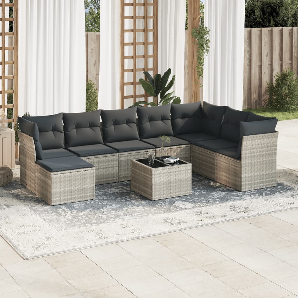 Vetonek Set muebles jardín 9 pzas y cojines ratán sintético gris claro