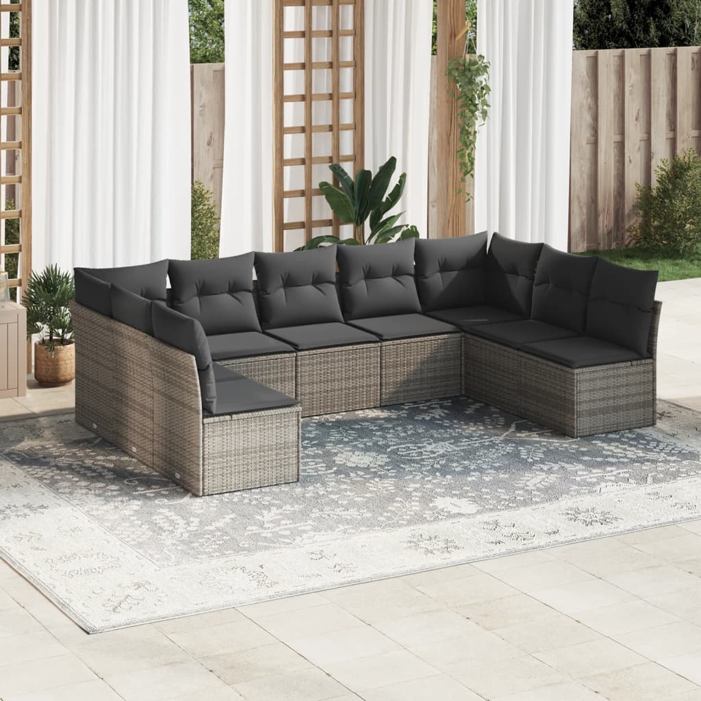 Vetonek Set de muebles de jardín 9 pzas y cojines ratán sintético gris