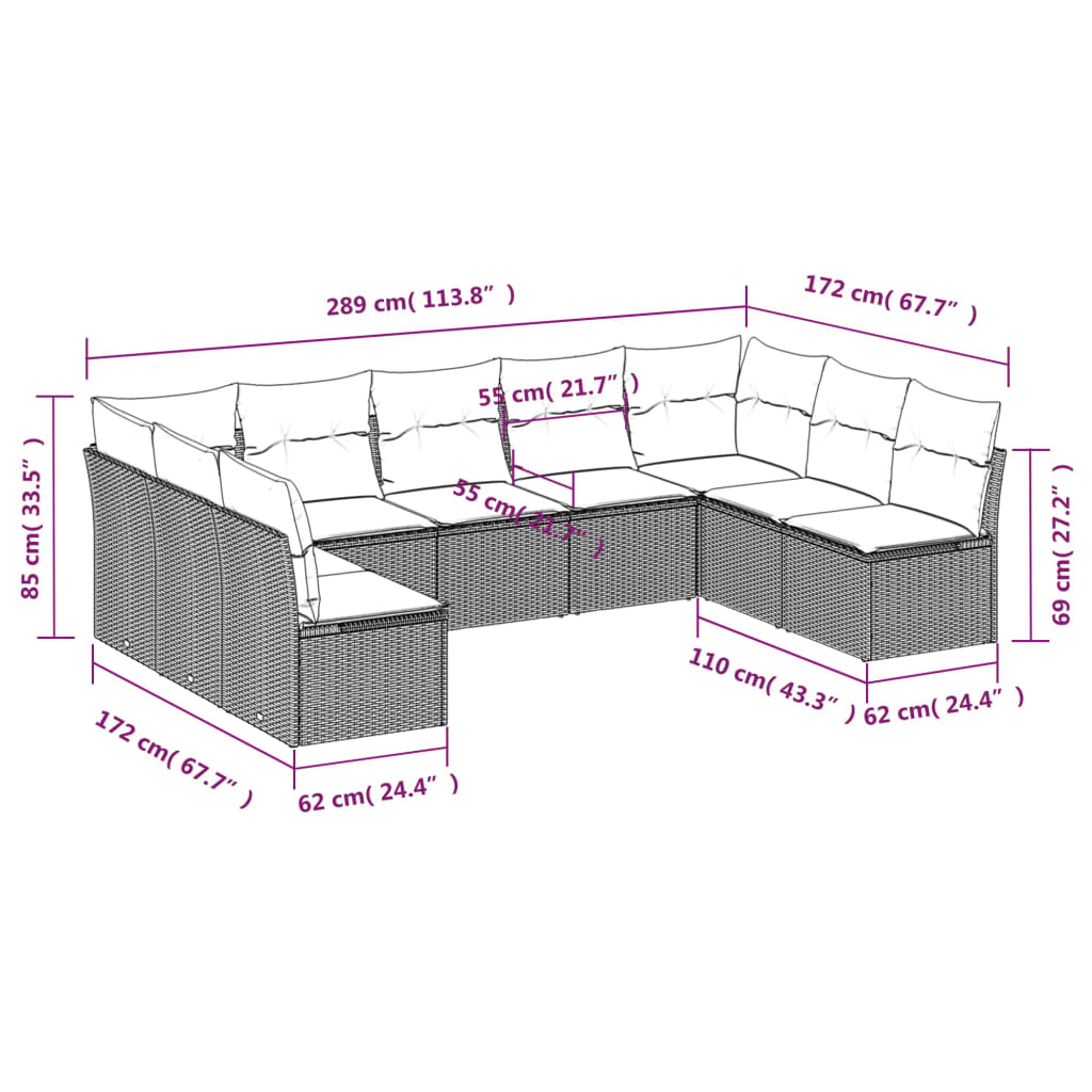 Set muebles jardín 9 pzas y cojines ratán sintético gris claro - Vetonek