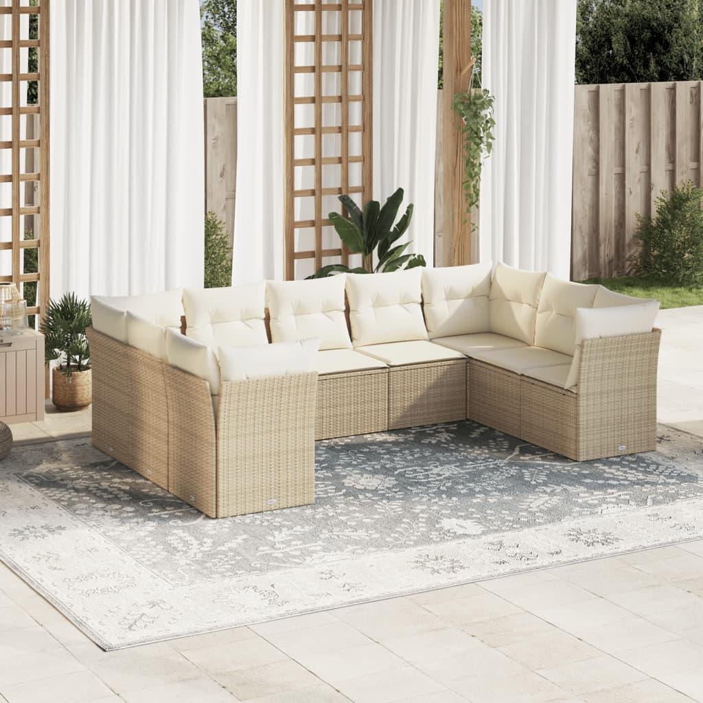 Vetonek Set de sofás de jardín 9 pzas con cojines ratán sintético beige