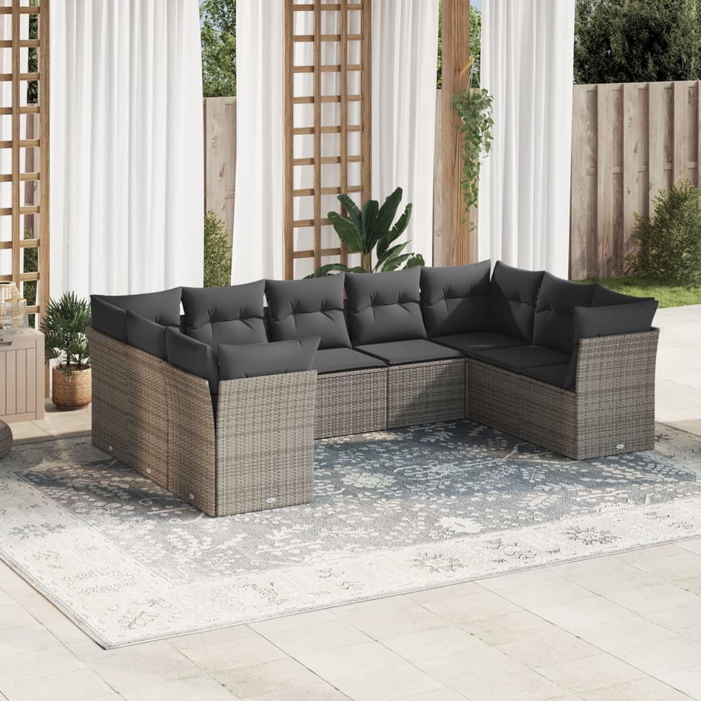 Vetonek Set de muebles de jardín 9 pzas y cojines ratán sintético gris