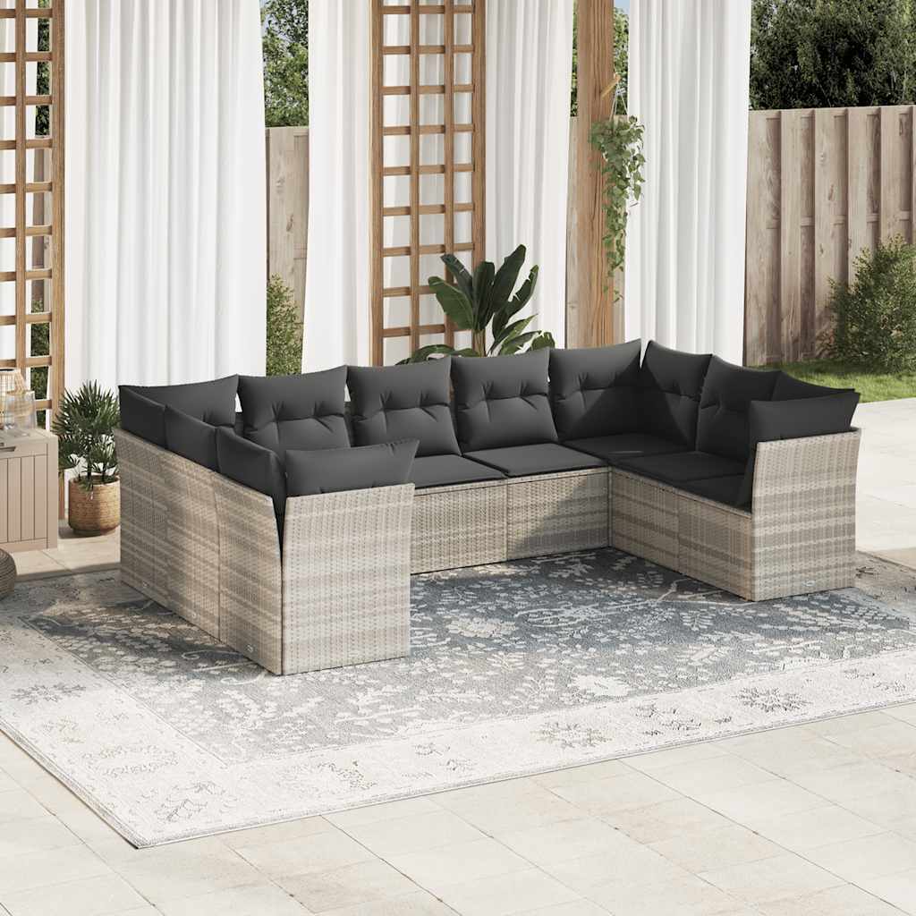 Vetonek Set muebles jardín 9 pzas y cojines ratán sintético gris claro