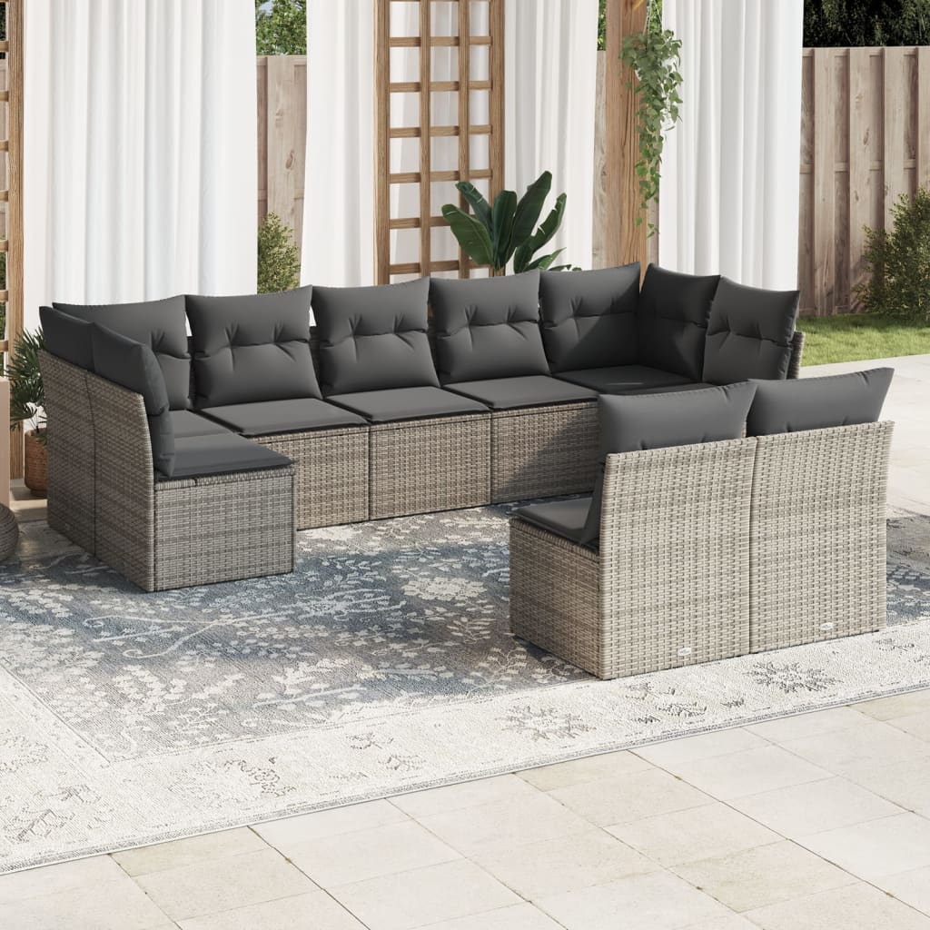 Vetonek Set de muebles de jardín 9 pzas y cojines ratán sintético gris