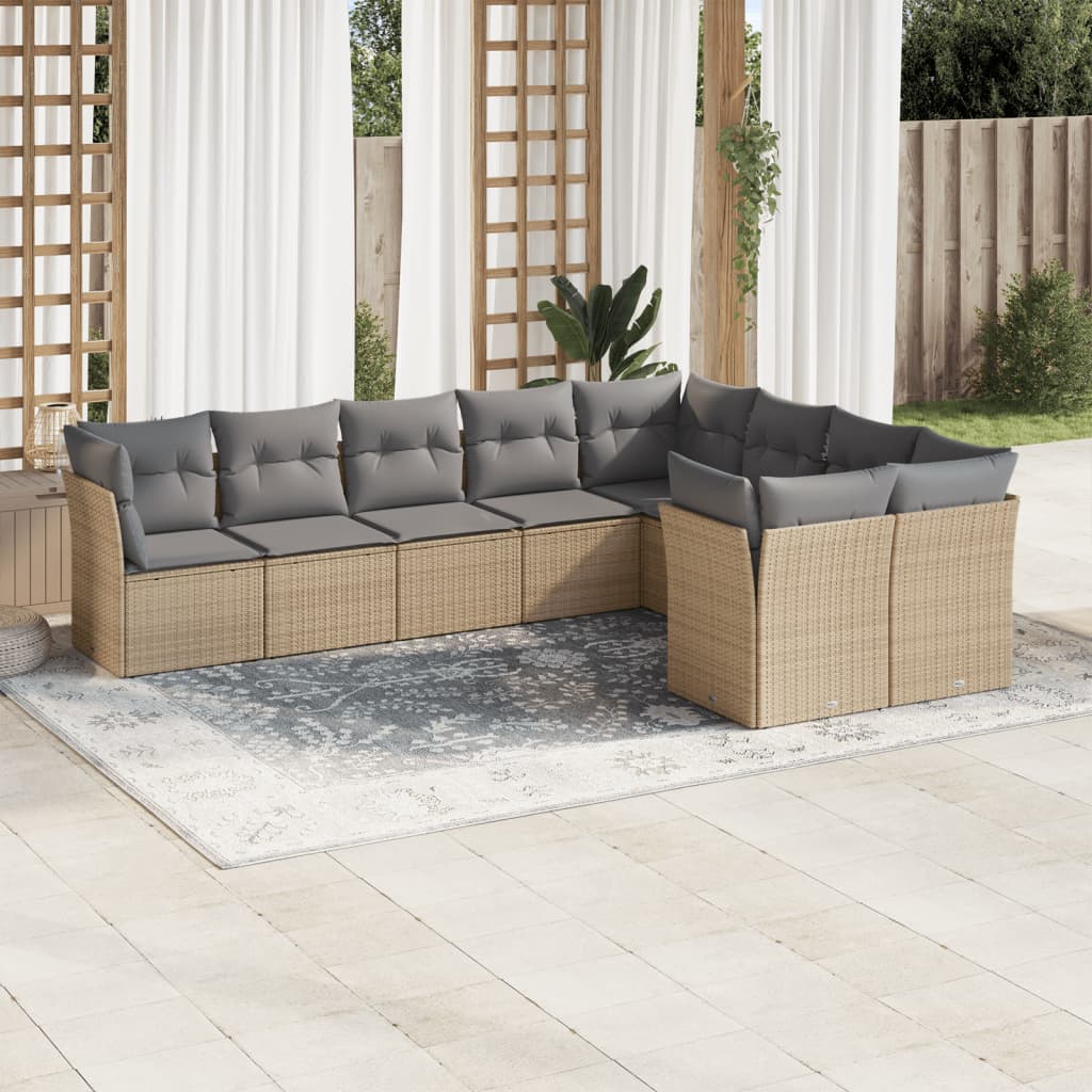 Vetonek Set de sofás de jardín 9 pzas con cojines ratán sintético beige