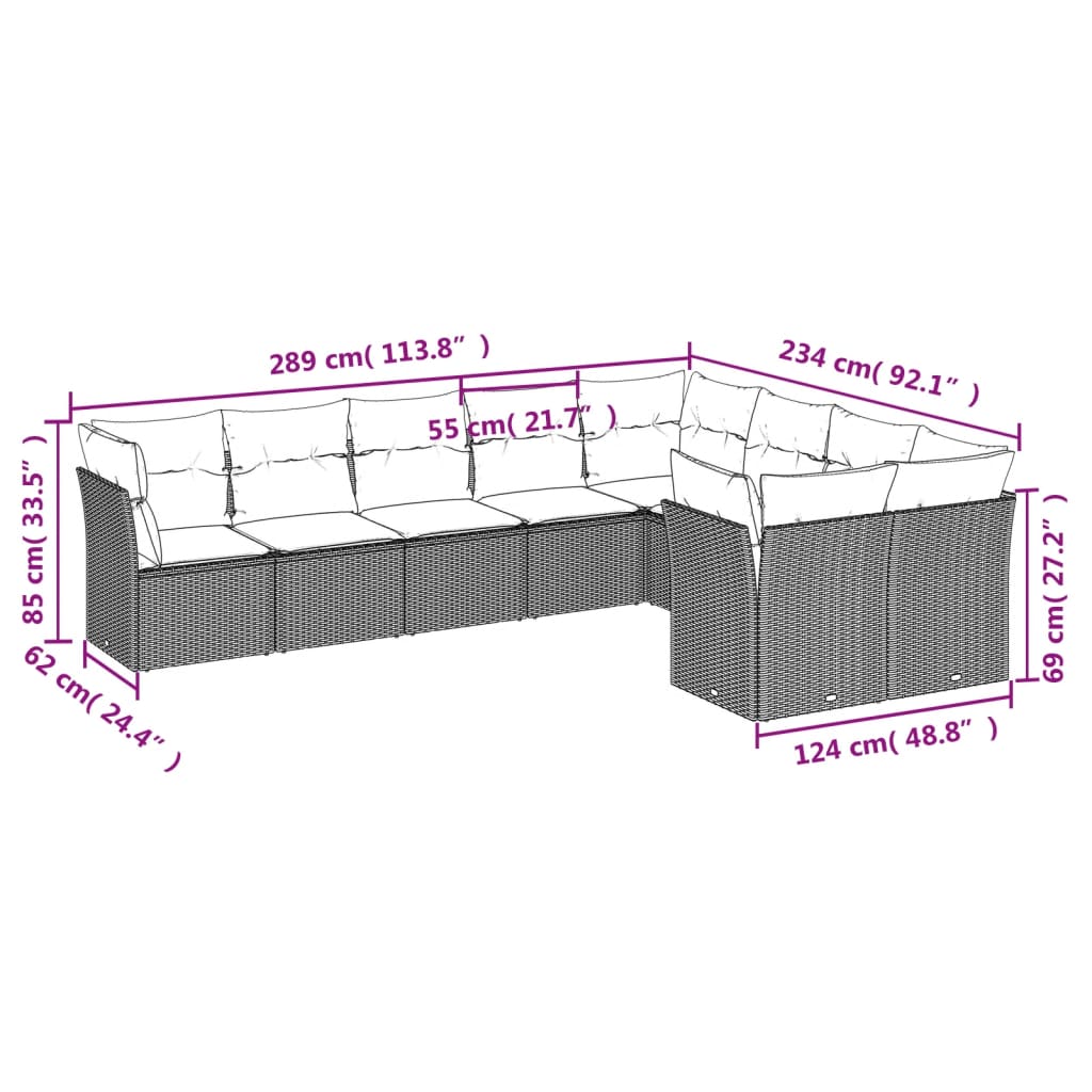 Set de sofás de jardín 9 pzas con cojines ratán sintético beige